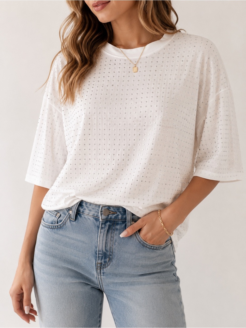 Zara White Rhinestone Embellished Top | Size Medium | Quiet Luxury | Y2K Glam